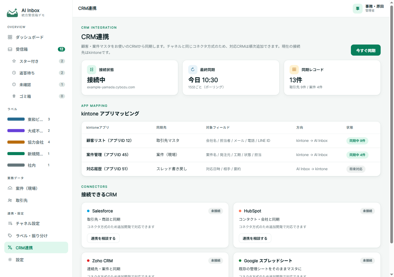 CRM連携の画面。接続状態・最終同期の表示、顧客リスト/案件管理/対応履歴のアプリマッピング表、接続できるCRMとしてSalesforceとHubSpotのカードが並ぶ。